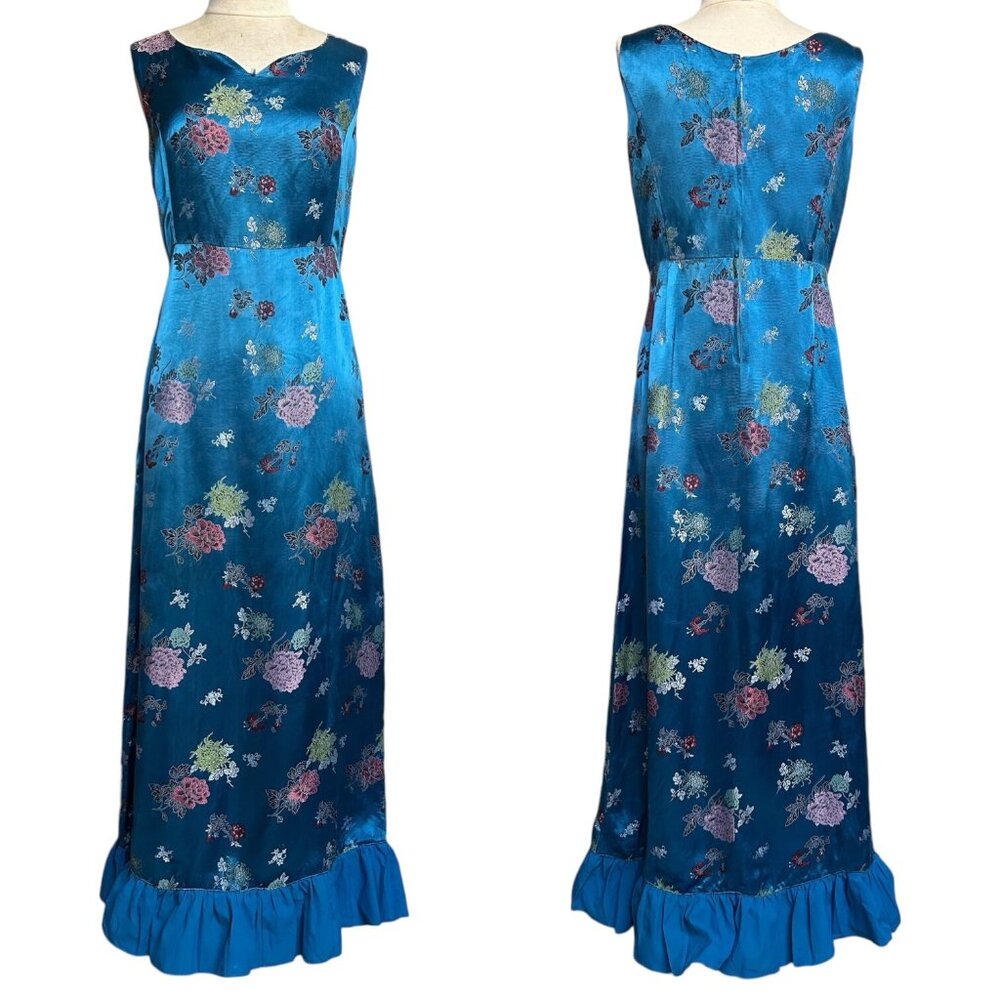 60s 70s vintage satin maxi dress floral flower pattern sleeveless ruffle blue.